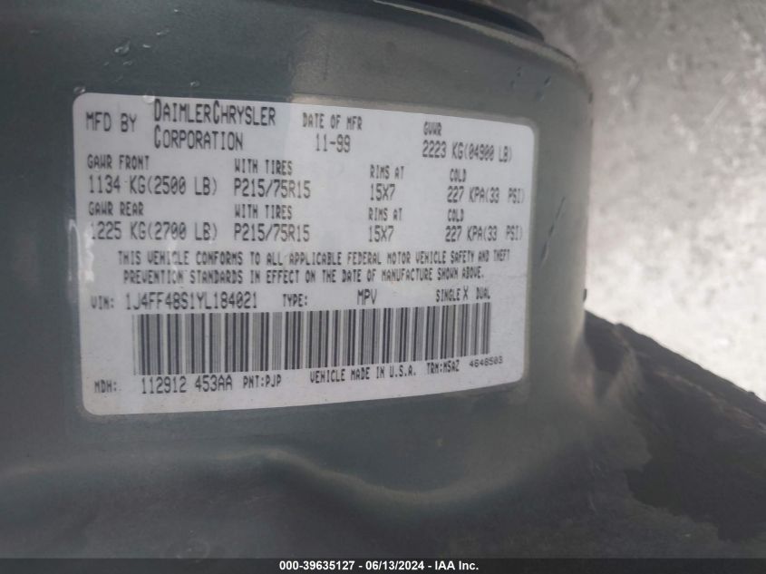 2000 Jeep Cherokee Sport VIN: 1J4FF48S1YL184021 Lot: 39635127