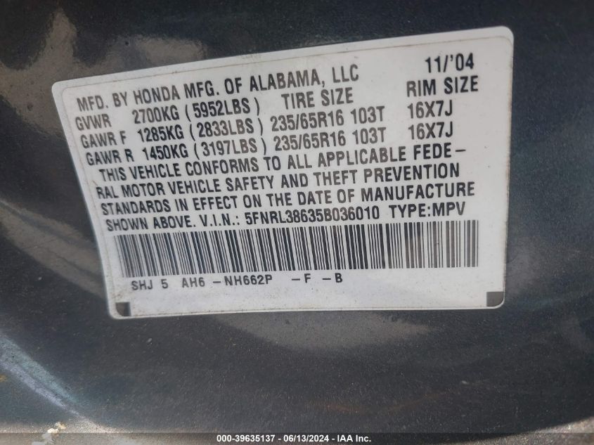 2005 Honda Odyssey Ex-L VIN: 5FNRL38635B036010 Lot: 39635137