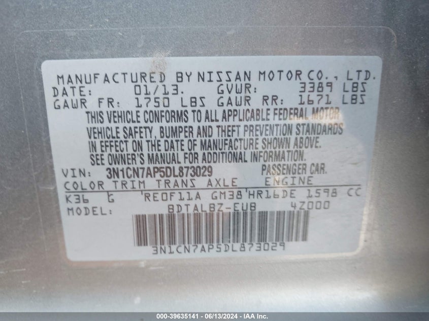 2013 Nissan Versa 1.6 Sv VIN: 3N1CN7AP5DL873029 Lot: 39635141