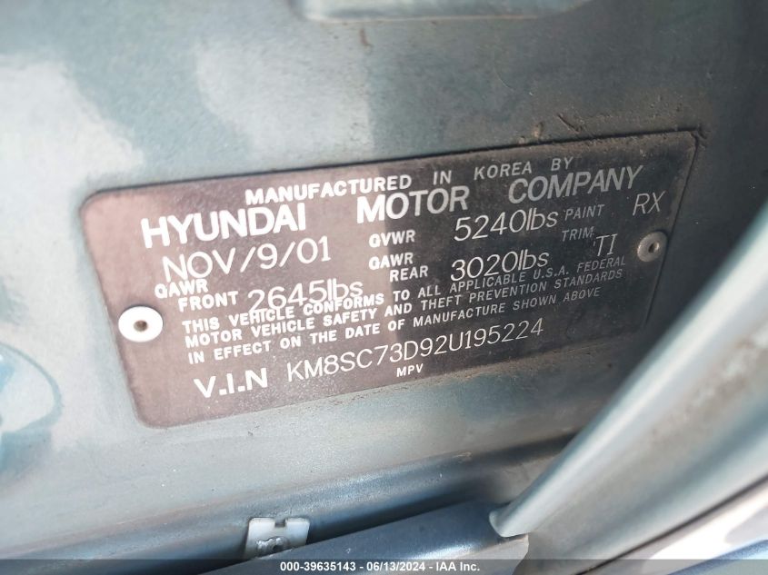 2002 Hyundai Santa Fe Gls/Lx VIN: KM8SC73D92U195224 Lot: 39635143