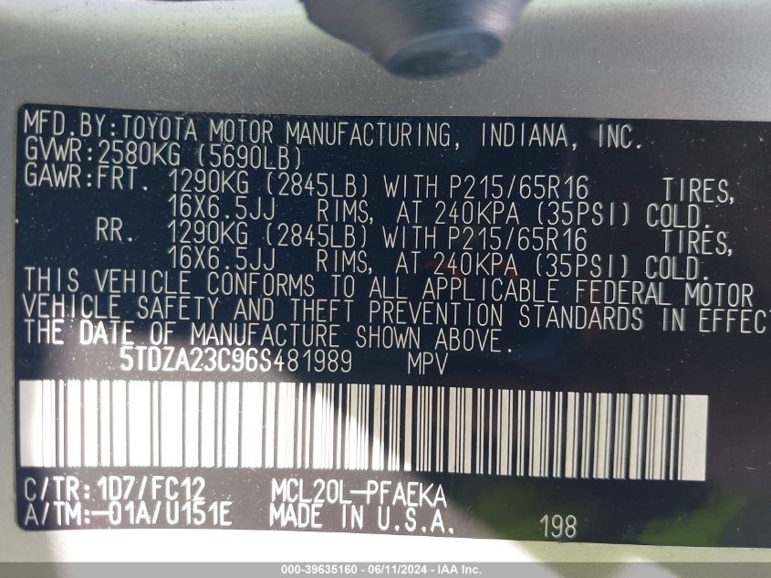 2006 Toyota Sienna Le VIN: 5TDZA23C96S481989 Lot: 39635160