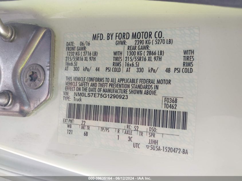 2016 Ford Transit Connect Xl VIN: NM0LS7E75G1290923 Lot: 39635164