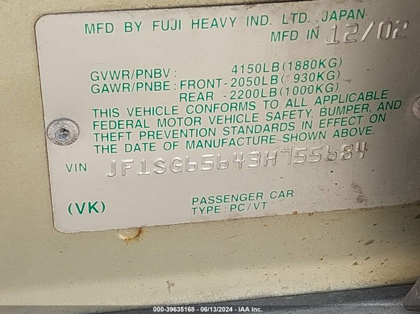 2003 Subaru Forester Xs VIN: JF1SG65643H755684 Lot: 39635168