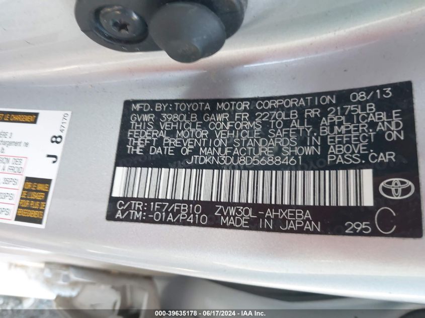 2013 Toyota Prius Three VIN: JTDKN3DU8D5688461 Lot: 39635178