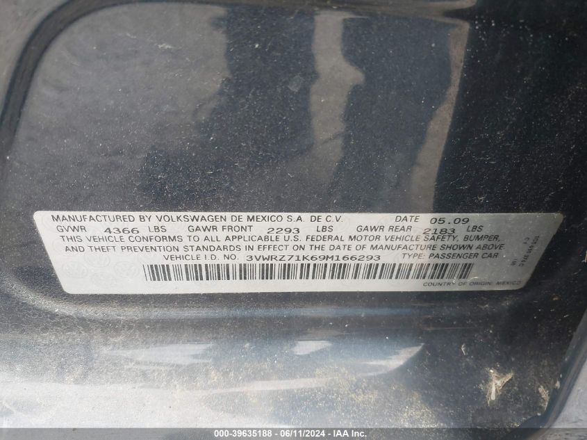 2009 Volkswagen Jetta Se VIN: 3VWRZ71K69M166293 Lot: 39635188