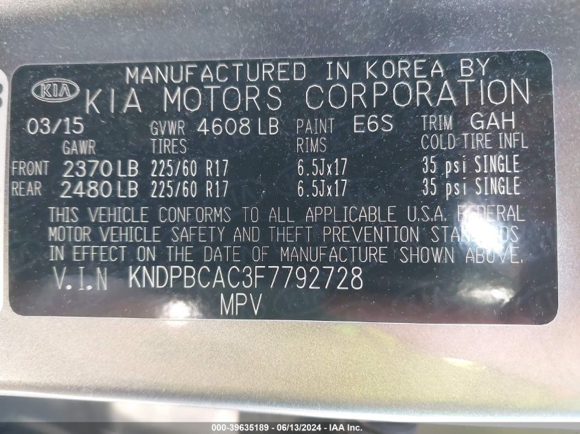 2015 Kia Sportage Lx VIN: KNDPBCAC3F7792728 Lot: 39635189