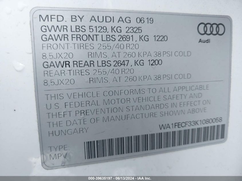 WA1FECF33K1080058 2019 Audi Q3 2.0T S Line Premium