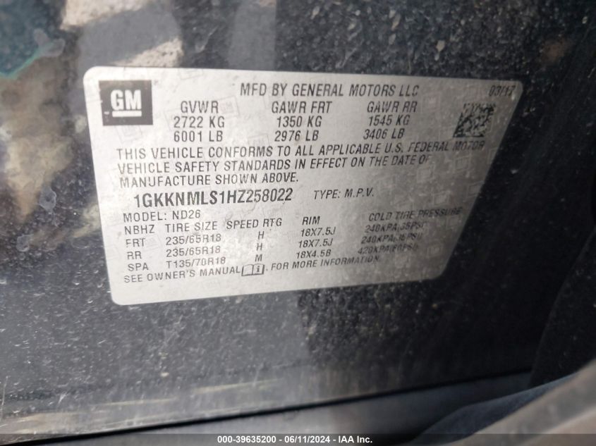 2017 GMC Acadia Slt-1 VIN: 1GKKNMLS1HZ258022 Lot: 39635200