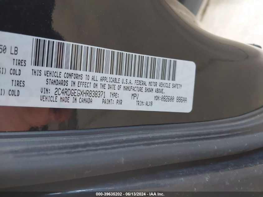 2017 Dodge Grand Caravan Gt VIN: 2C4RDGEGXHR838371 Lot: 39635202