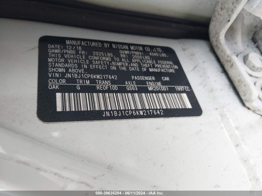 2019 Nissan Rogue Sport S VIN: JN1BJ1CP6KW217642 Lot: 39635204