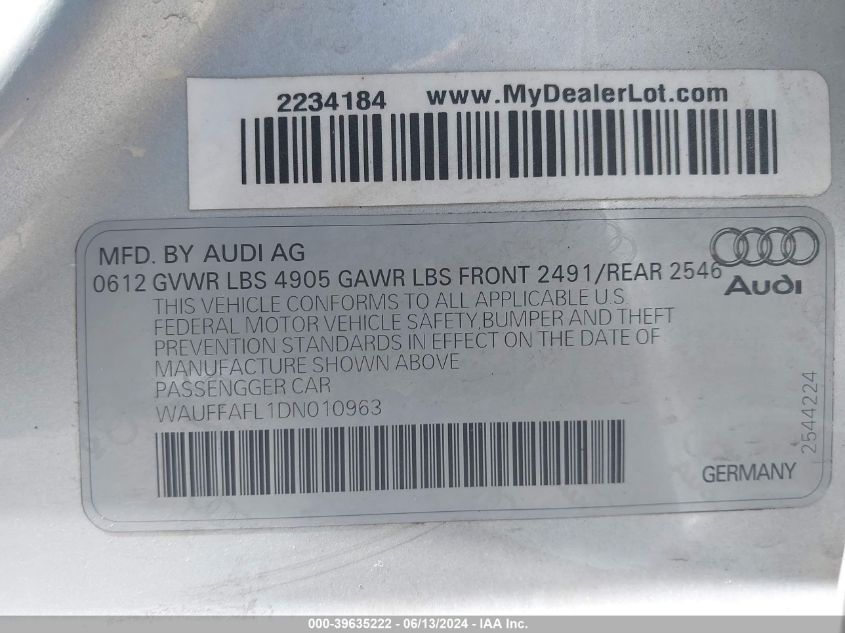 2013 Audi A4 2.0T Premium VIN: WAUFFAFL1DN010963 Lot: 39635222