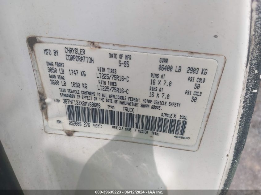 1995 Dodge Ram 1500 VIN: 3B7HF13ZXSM169606 Lot: 39635223