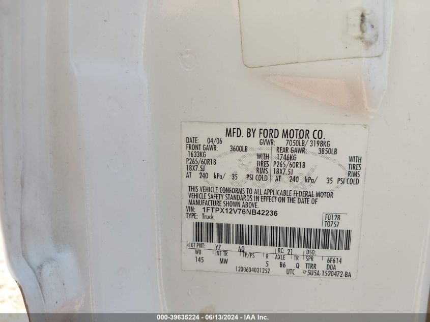 2006 Ford F-150 Lariat/Xl/Xlt VIN: 1FTPX12V76NB42236 Lot: 39635224