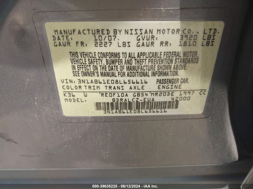 2008 Nissan Sentra 2.0 VIN: 3N1AB61E08L656616 Lot: 39635225