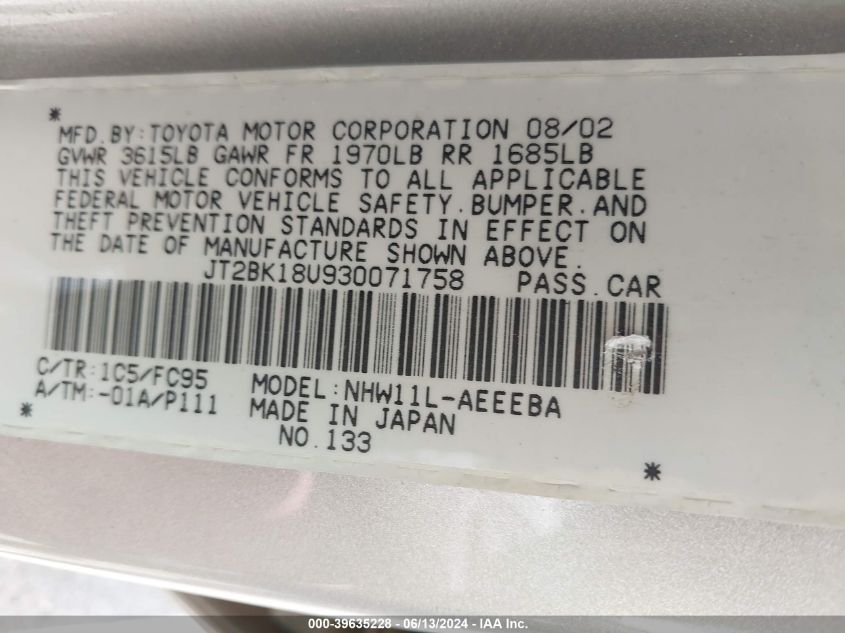 2003 Toyota Prius VIN: JT2BK18U930071758 Lot: 39635228