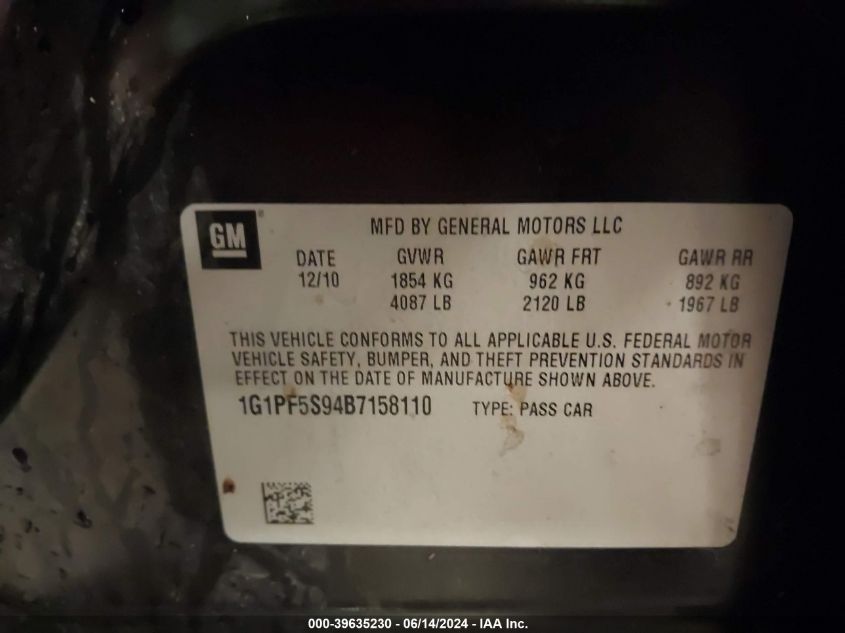2011 Chevrolet Cruze 1Lt VIN: 1G1PF5S94B7158110 Lot: 39635230