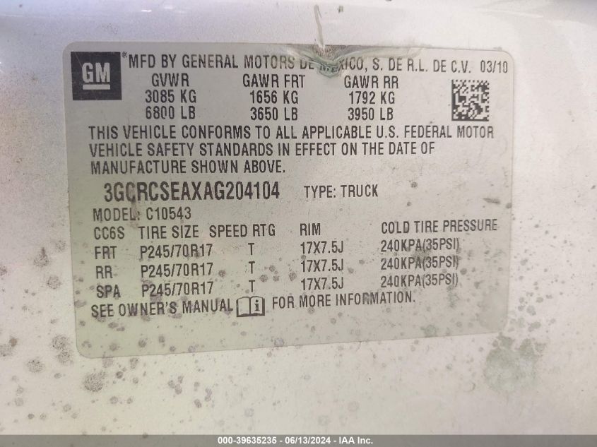 2010 Chevrolet Silverado 1500 Lt VIN: 3GCRCSEAXAG204104 Lot: 39635235