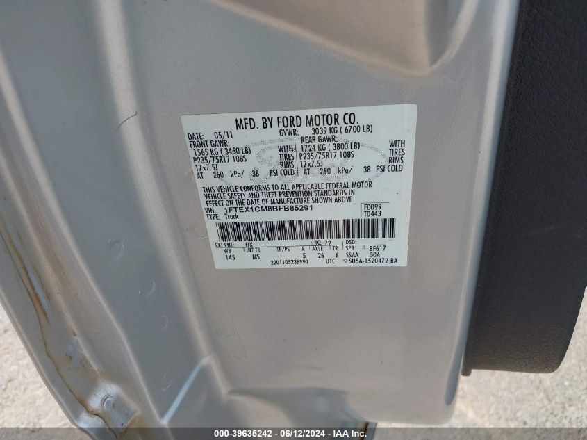 2011 Ford F-150 Xlt VIN: 1FTEX1CM8BFB85291 Lot: 39635242