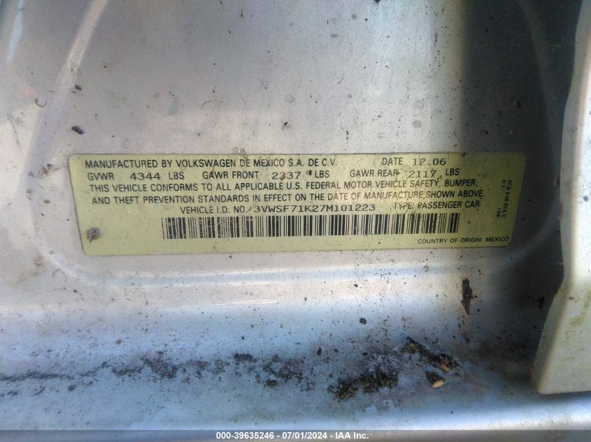 2007 Volkswagen Jetta 2.5 VIN: 3VWSF71K27M101223 Lot: 39635246