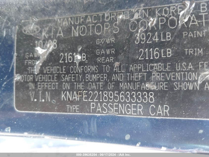 KNAFE221895633338 2009 Kia Spectra Ex