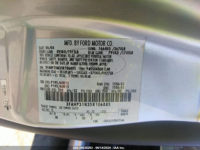 2005 Ford Focus Zx3 VIN: 3FAHP31N35R106885 Lot: 39635263