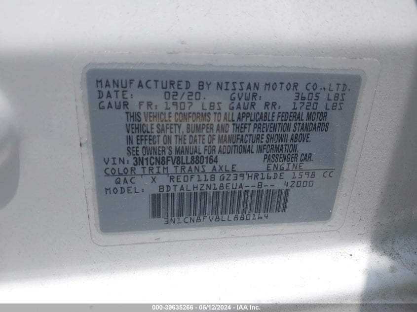 2020 Nissan Versa Sr Xtronic Cvt VIN: 3N1CN8FV8LL880164 Lot: 39635266