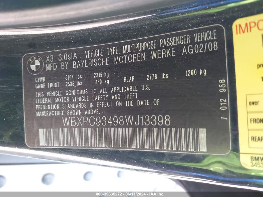2008 BMW X3 3.0Si VIN: WBXPC93498WJ13398 Lot: 39635272