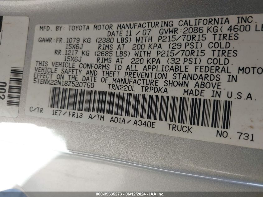 2008 Toyota Tacoma VIN: 5TENX22N18Z520760 Lot: 39635273
