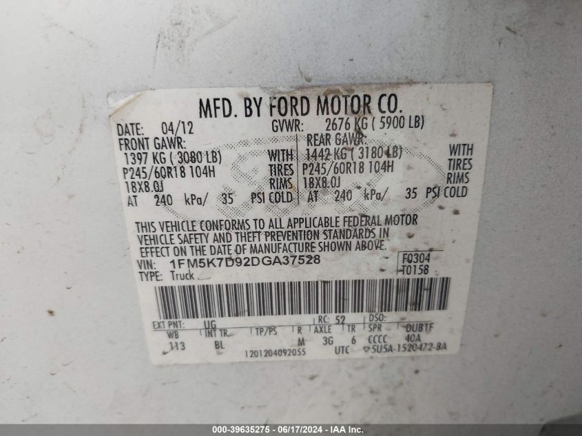 2013 Ford Explorer Xlt VIN: 1FM5K7D92DGA37528 Lot: 39635275