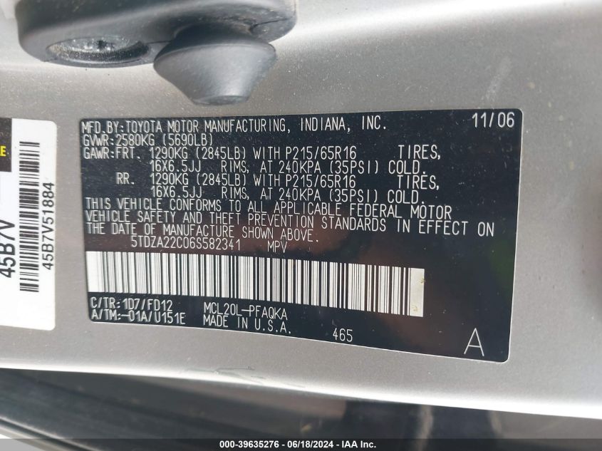 2006 Toyota Sienna Xle VIN: 5TDZA22C06S582341 Lot: 39635276