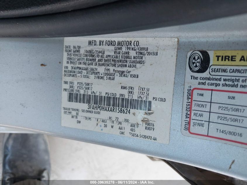 2010 Ford Fusion Se VIN: 3FAHP0HAXAR158624 Lot: 39635278