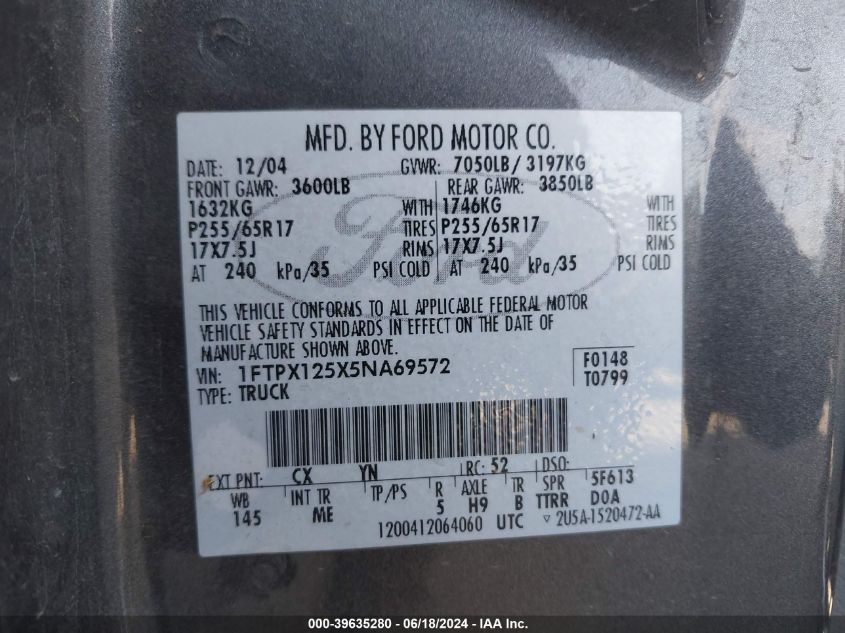 2005 Ford F-150 Lariat/Xl/Xlt VIN: 1FTPX125X5NA69572 Lot: 39635280