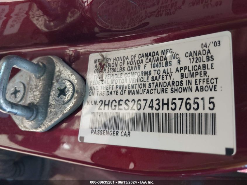 2003 Honda Civic Ex VIN: 2HGES26743H576515 Lot: 39635281