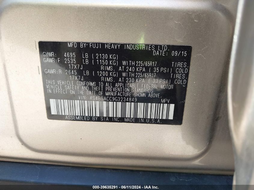 2016 Subaru Outback 2.5I Premium VIN: 4S4BSACC9G3234849 Lot: 39635291