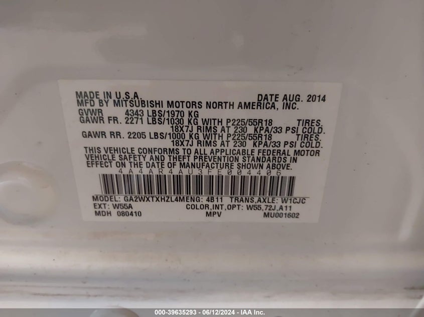 2015 Mitsubishi Outlander Sport Se VIN: 4A4AR4AU3FE004406 Lot: 39635293