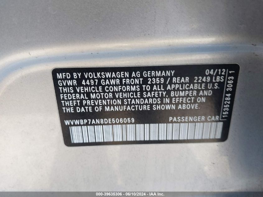 2013 Volkswagen Cc 2.0T Sport Plus VIN: WVWBP7AN8DE506059 Lot: 39635306