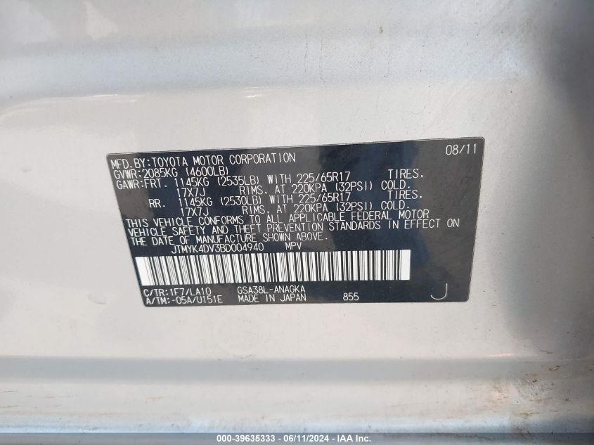 2011 Toyota Rav4 Limited V6 VIN: JTMYK4DV3BD004940 Lot: 39635333