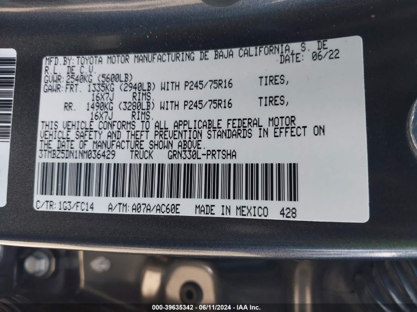 2022 Toyota Tacoma Sr5 V6 VIN: 3TMBZ5DN1NM036429 Lot: 39635342