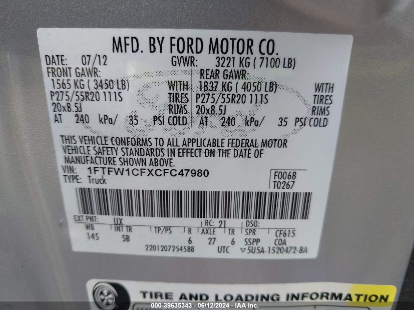 2012 Ford F-150 Fx2 VIN: 1FTFW1CFXCFC47980 Lot: 39635343