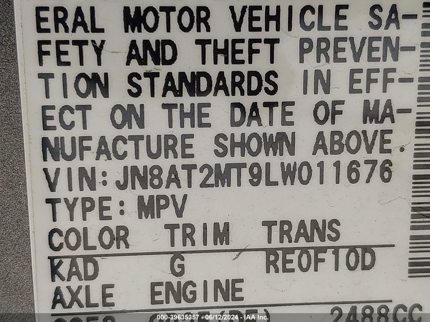 2020 NISSAN ROGUE SV FWD - JN8AT2MT9LW011676