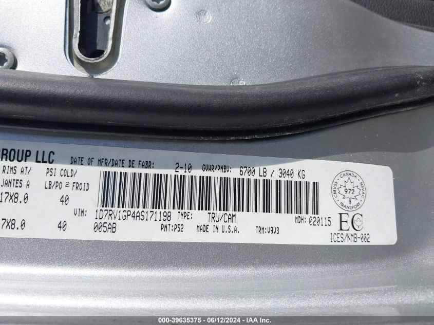 2010 Dodge Ram 1500 St VIN: 1D7RV1GP4AS171198 Lot: 39635375