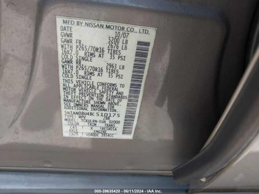 2008 Nissan Xterra S VIN: 5N1AN08U48C510175 Lot: 39635420