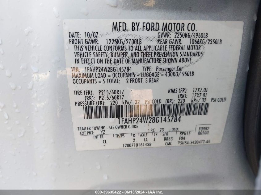 2008 Ford Taurus Sel VIN: 1FAHP24W28G145784 Lot: 39635422