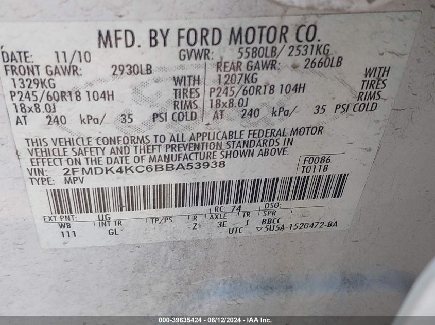 2011 Ford Edge Limited VIN: 2FMDK4KC6BBA53938 Lot: 39635424