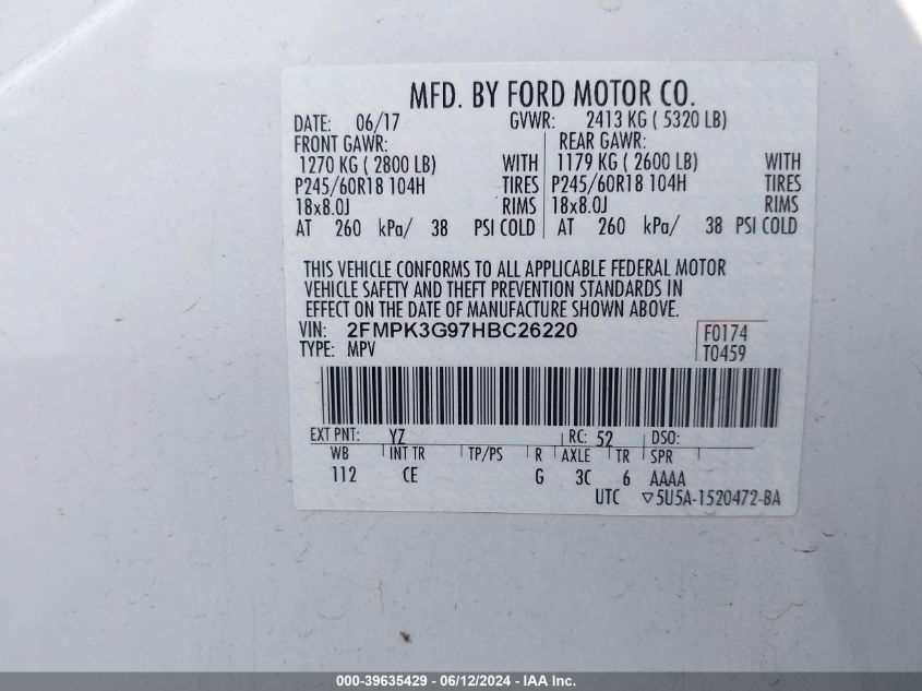 2017 Ford Edge Se VIN: 2FMPK3G97HBC26220 Lot: 39635429