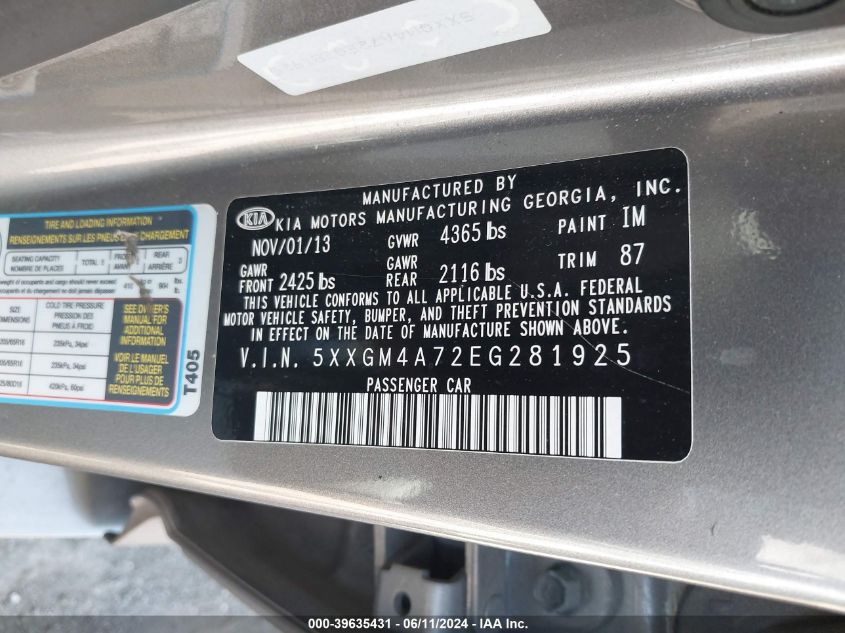 2014 Kia Optima Lx VIN: 5XXGM4A72EG281925 Lot: 39635431