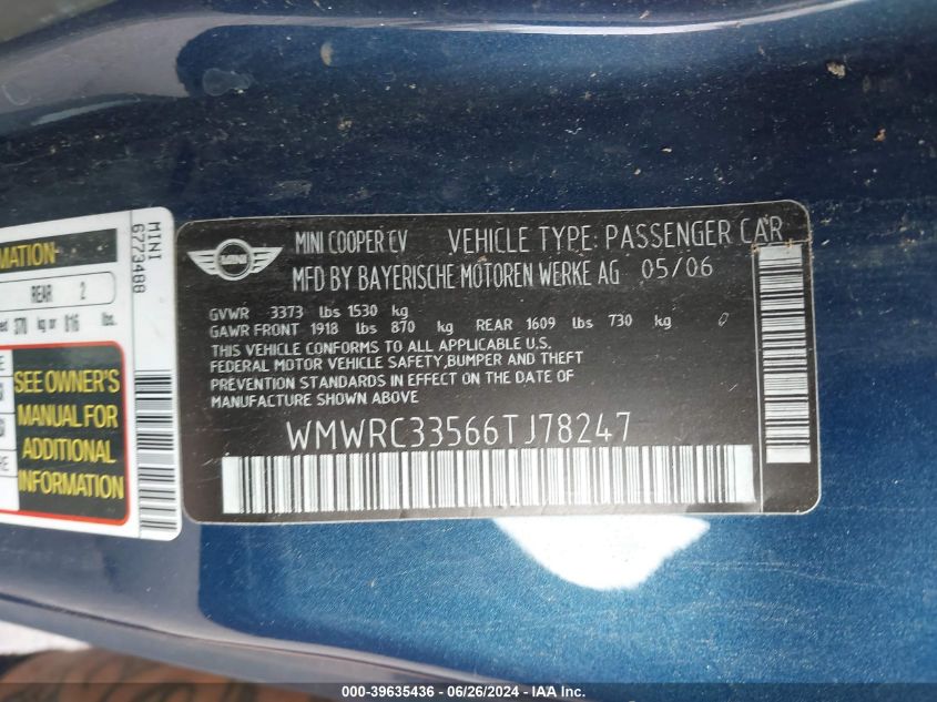 2006 Mini Cooper VIN: WMWRC33566TJ78247 Lot: 39635436
