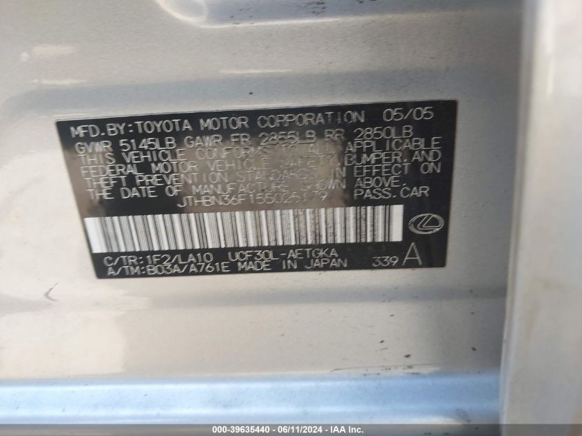 2005 Lexus Ls 430 VIN: JTHBN36F155025179 Lot: 39635440