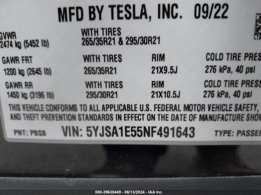 2022 Tesla Model S Dual Motor All-Wheel Drive VIN: 5YJSA1E55NF491643 Lot: 39635449