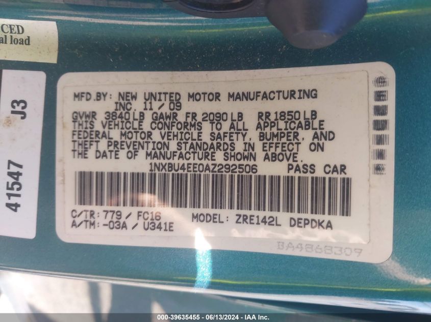 2010 Toyota Corolla Le VIN: 1NXBU4EE0AZ292506 Lot: 39635455